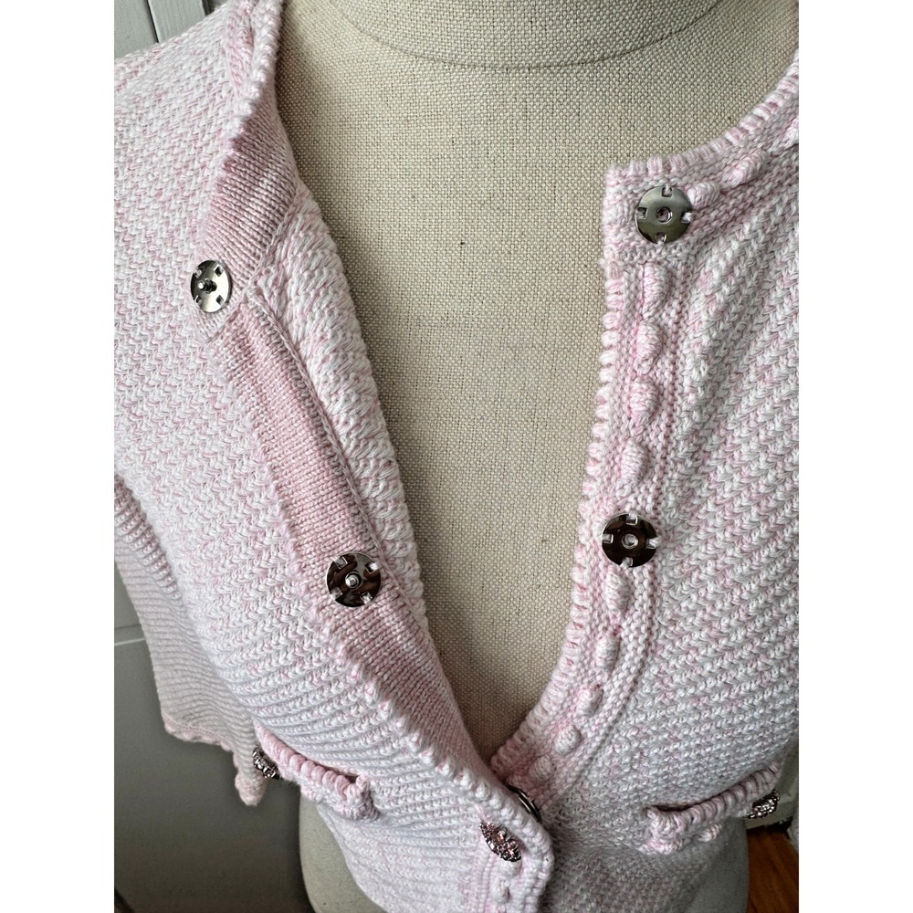 Self-portrait Pink Knit Jewel Button Cropped Cardigan Sweater Jacket US Sz 2-4 - Picture 9 of 16